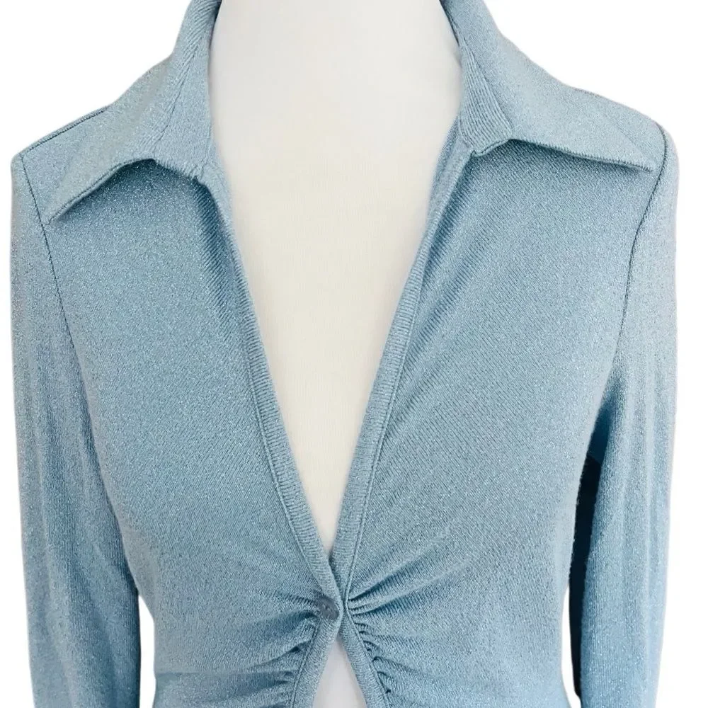 NWOT ZARA Sparkle Ruched Button Front Cutout Long Sleeve Blouse Light Blue Sz S